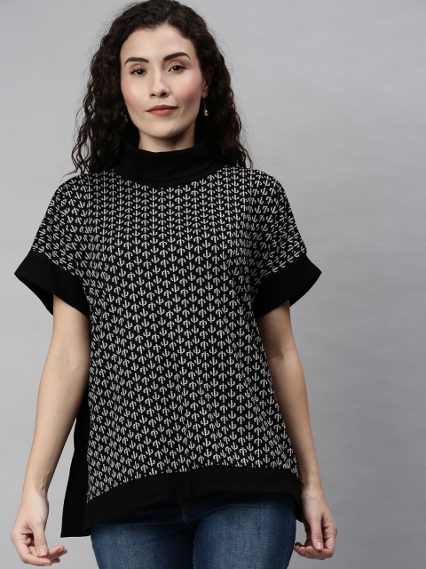 

RHHENSO Women Black Self Design Kaftan Top