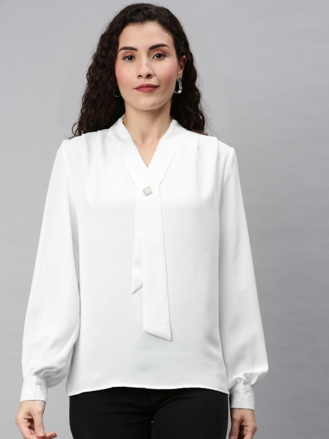 

RHHENSO Women White Solid Formal Top with Tie Detail