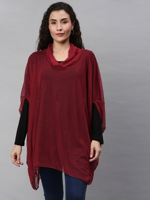 

RHHENSO Women Red Shimmered Vegan Layered Kaftan Top with an Inner