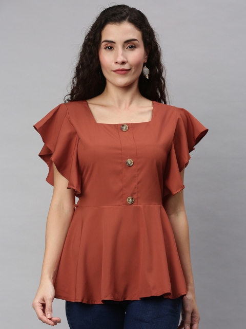 

RHHENSO Women Brown half Sleeves Button Bell Solid Peplum Top