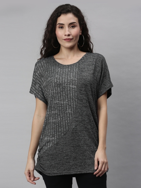 

RHHENSO Women Charcoal Self Design Longline Vegan T-shirt