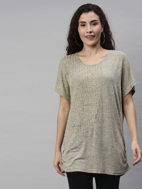 

RHHENSO Women Beige Self Design Vegan Longline T-shirt