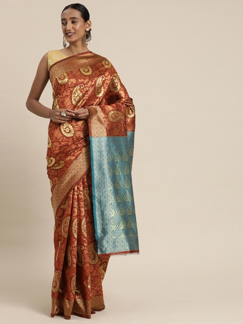 

Pavechas Maroon & Gold-Toned Poly Silk Woven Design Kanjeevaram Saree