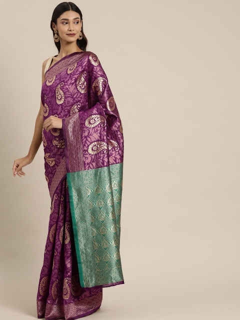 

Pavechas Purple & Gold-Toned Poly Silk Woven Design Handloom Kanjeevaram Saree