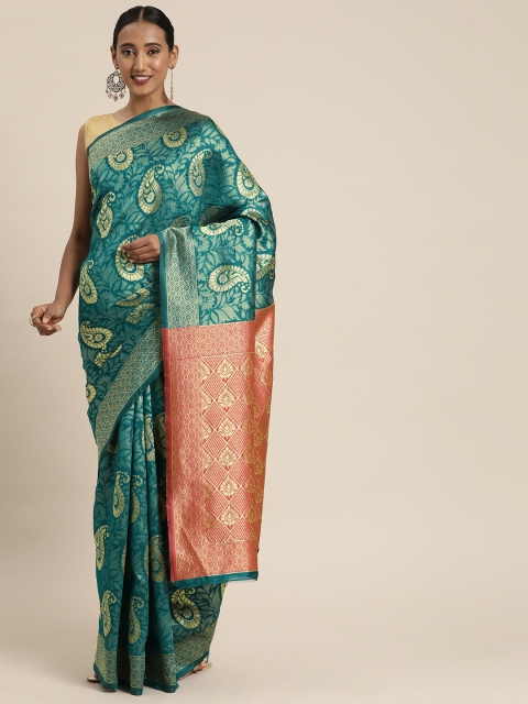 

Pavechas Teal Green & Gold-Toned Poly Silk Woven Design Kanjeevaram Saree
