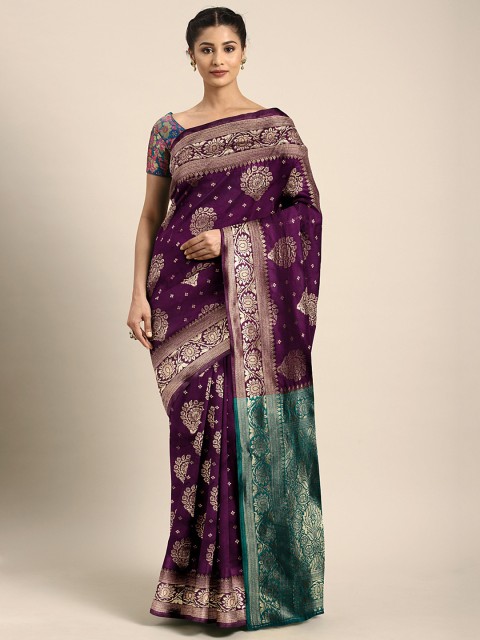 

Pavechas Purple & Gold-Toned Poly Silk Woven Design Kanjeevaram Saree
