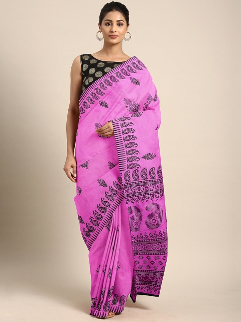 

Pavechas Pink & Black Polycotton Printed Mangalagiri Saree