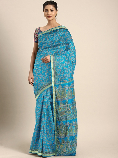 

Pavechas Blue & Pink Poly Silk Floral Printed Mysore Silk Saree
