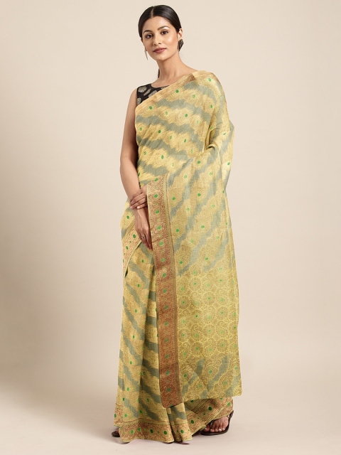 

Pavechas Yellow & Gold-Toned Jute Cotton Woven Design Kota Saree