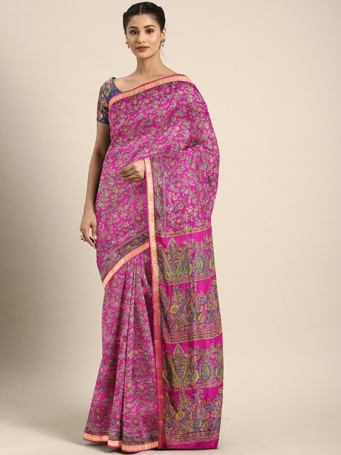 

Pavechas Pink & Blue Poly Silk Floral Printed Mysore Silk Saree