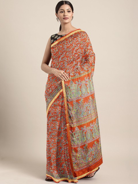 

Pavechas Orange Poly Silk Printed Mysore Silk Saree