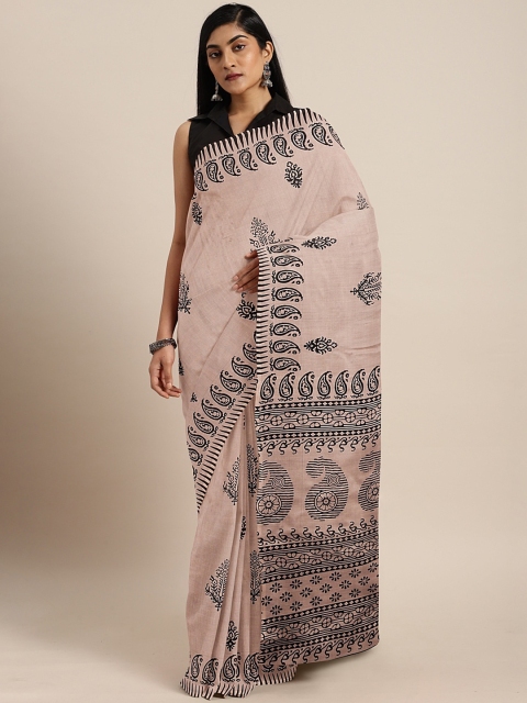 

Pavechas Beige & Black Polycotton Printed Mangalagiri Saree