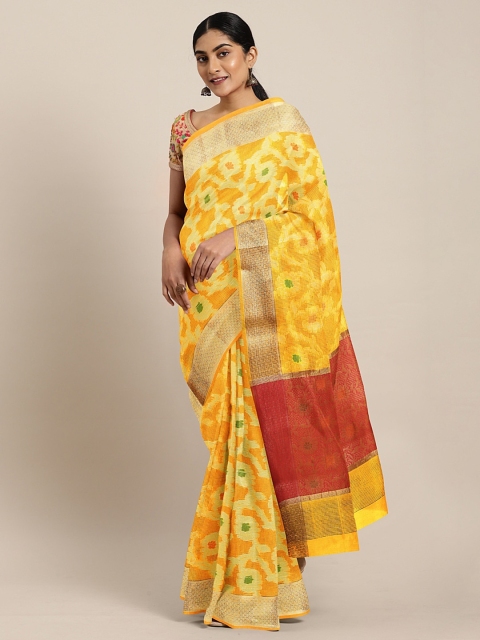 

Pavechas Yellow & Gold-Toned Jute Cotton Woven Design Kota Saree