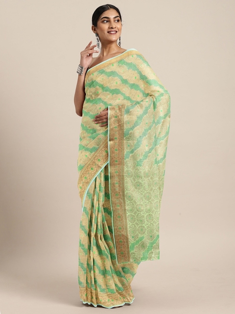 

Pavechas Green & Gold-Toned Jute Cotton Woven Design Kota Saree