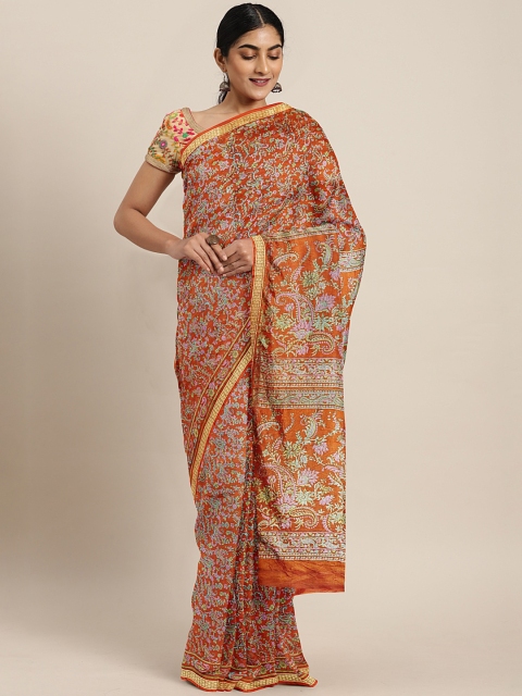 

Pavechas Orange Poly Silk Printed Mysore Silk Saree