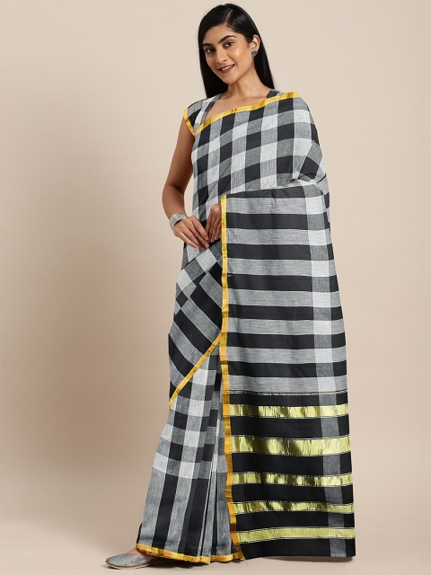 

Pavechas White & Black Pure Cotton Checked Venkatgiri Saree