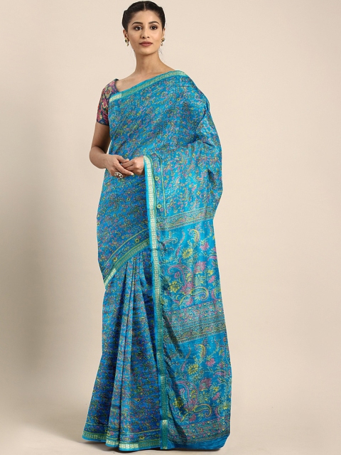 

Pavechas Blue & Pink Poly Silk Floral Printed Mysore Silk Saree