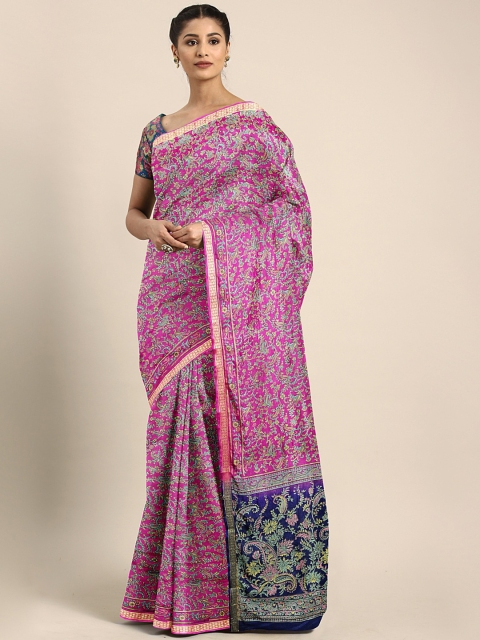 

Pavechas Pink & Green Poly Silk Printed Mysore Silk Saree