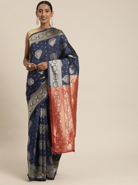 

Pavechas Navy Blue & Gold-Toned Poly Silk Woven Design Kanjeevaram Saree