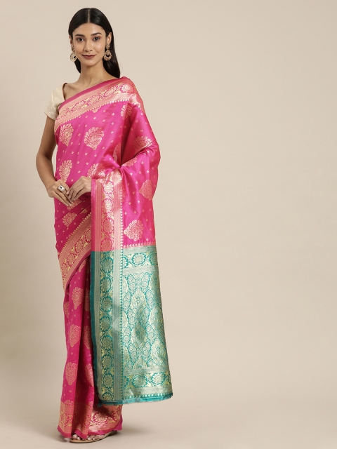 

Pavechas Pink & Gold-Toned Poly Silk Woven Design Kanjeevaram Saree