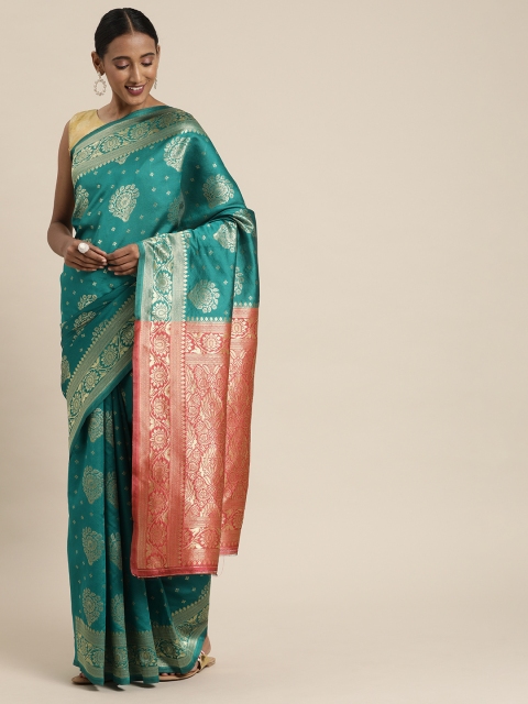 

Pavechas Turquoise Blue & Gold-Toned Poly Silk Woven Design Kanjeevaram Saree