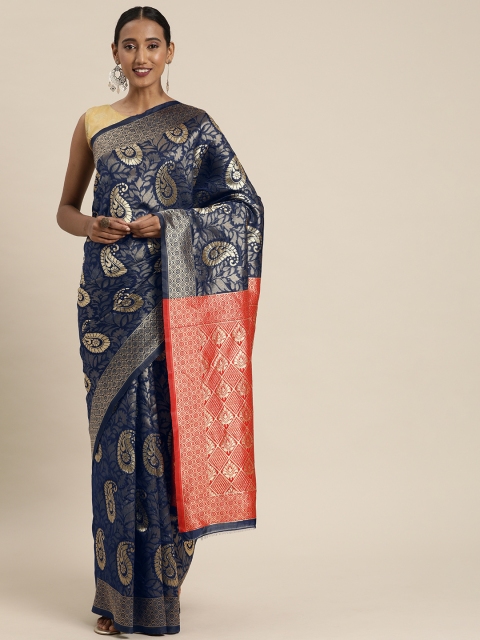 

Pavechas Navy Blue & Gold-Toned Poly Silk Woven Design Kanjeevaram Saree