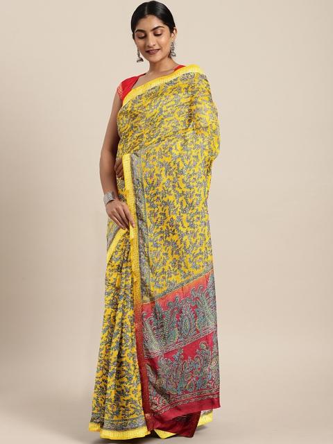 

Pavechas Yellow & Blue Poly Silk Printed Mysore Silk Saree
