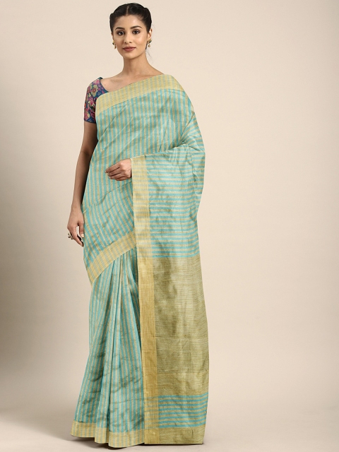 

Pavechas Turquoise Blue & Beige Poly Silk Striped Saree
