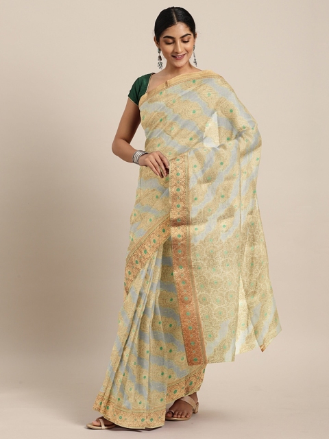 

Pavechas Beige & Blue Jute Cotton Woven Design Kota Saree