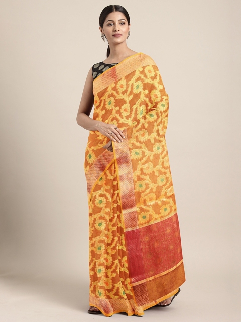 

Pavechas Orange & Gold-Toned Jute Cotton Woven Design Kota Saree