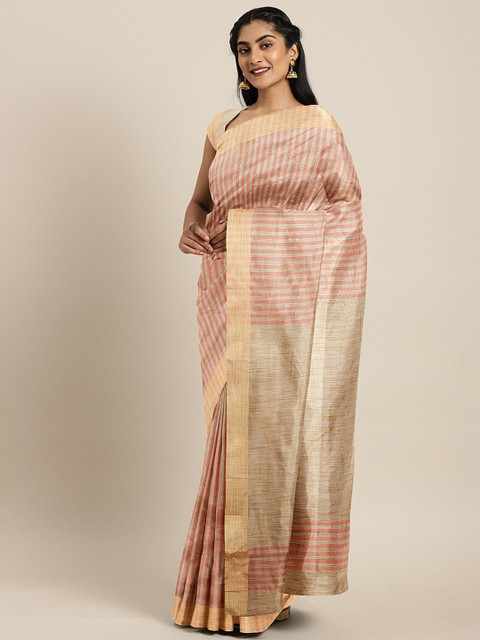 

Pavechas Pink & Beige Poly Silk Striped Saree