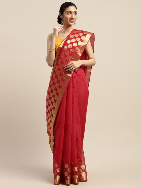 

Pavechas Red Jute Cotton Woven Design Kota Saree