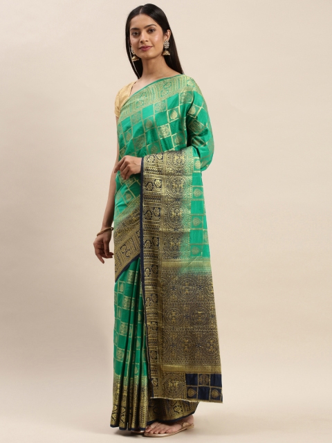 

DIVASTRI Green & Gold-Toned Silk Cotton Woven Design Banarasi Saree