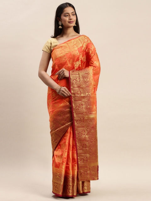 

DIVASTRI Orange & Golden Silk Cotton Woven Design Banarasi Saree