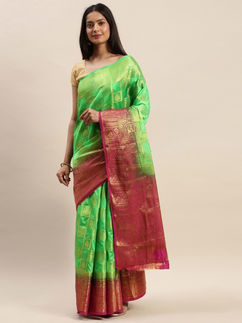 

DIVASTRI Green & Gold-Toned Silk Cotton Checked Banarasi Saree