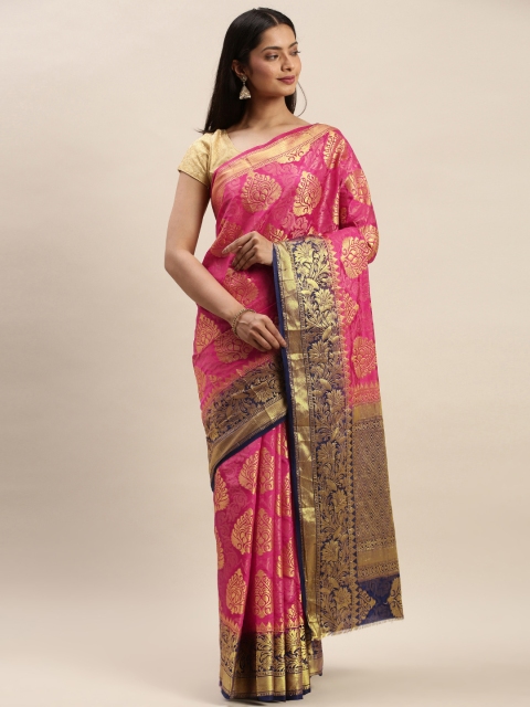 

DIVASTRI Pink & Navy Blue Silk Cotton Woven Design Banarasi Saree