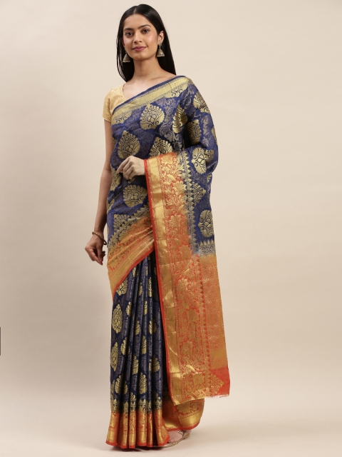 

DIVASTRI Navy Blue & Gold-Toned Silk Cotton Woven Design Banarasi Saree