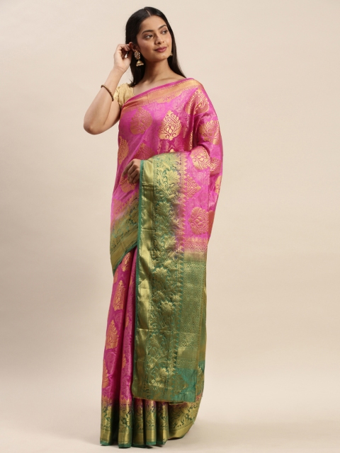 

DIVASTRI Pink & Green Silk Cotton Woven Design Banarasi Saree
