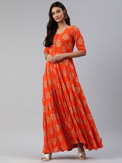 

Swishchick Women Orange Printed Maxi Dress