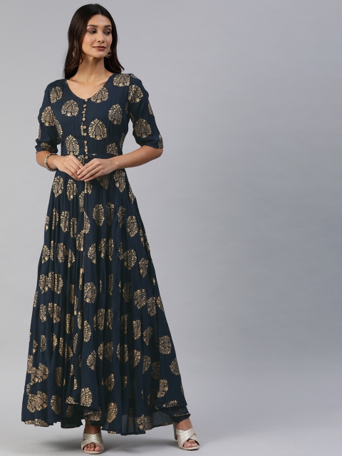 

Swishchick Women Navy Blue Printed Maxi Dress