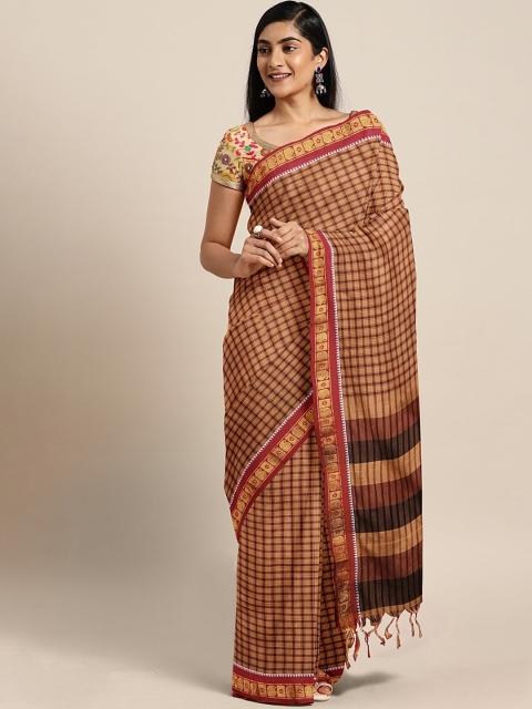 

aamna Beige & Brown Pure Cotton Checked Narayan Peth Saree