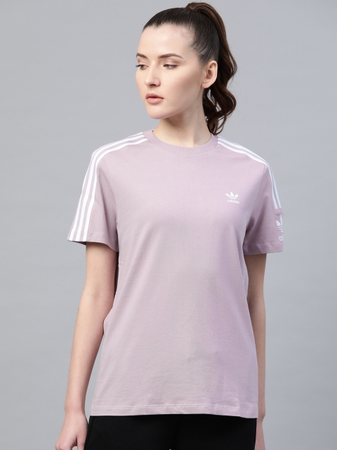 

ADIDAS Originals Women Lavender & White Solid Pure Cotton Lock Up TEE Soft Vision T-shirt