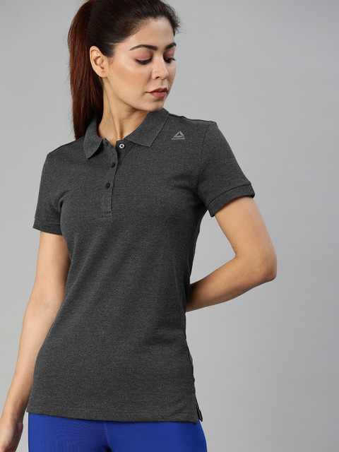 

Reebok Women Charcoal Grey Solid FOUNDATION W Polo Collar T-shirt