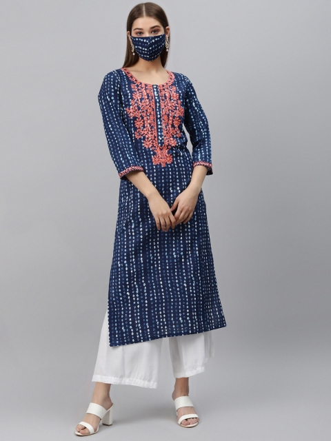 

Rain & Rainbow Women Blue Coral Orange Pure Cotton Screen Printed Kurta