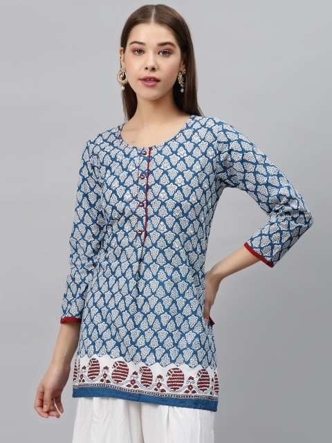 

Rain & Rainbow Women Blue & White Pure Pure Cotton Printed Straight Pleated Pure Cotton Kurti