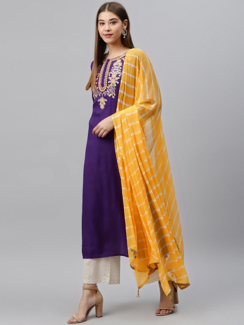 

Rain & Rainbow Women Purple & Beige Yoke Design Kurta with Palazzos & Dupatta