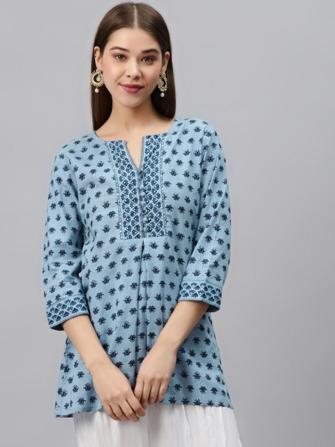 

Rain & Rainbow Women Blue Pure Pure Cotton Pleated Printed Pure Cotton Kurti