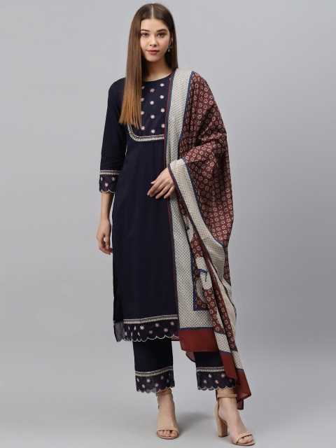 

Rain & Rainbow Women Navy Blue & Maroon Yoke Design Kurta with Trousers & Dupatta