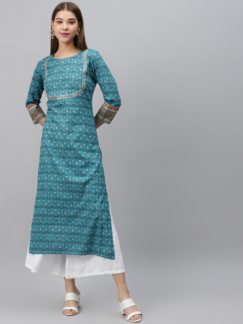

Rain & Rainbow Women Blue & Grey Pure Cotton Screen Printed Straight Kurta