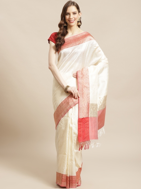 

Biswa Bangla Off-White & Red Handwoven Pure Silk Solid Tangail Saree